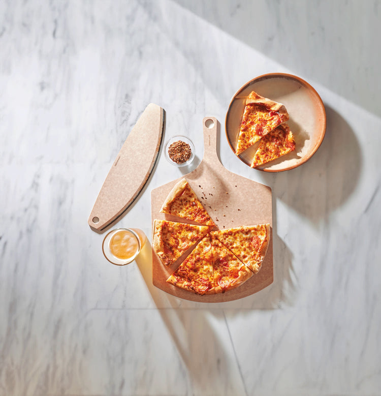 Epicurean Pizza Peel in Natural paired with a Pizza Cutter